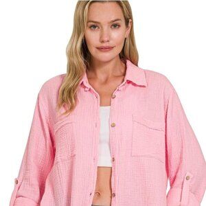 Double Gauze Button Down Roll-Up Long Sleeve Shirt "PINK"